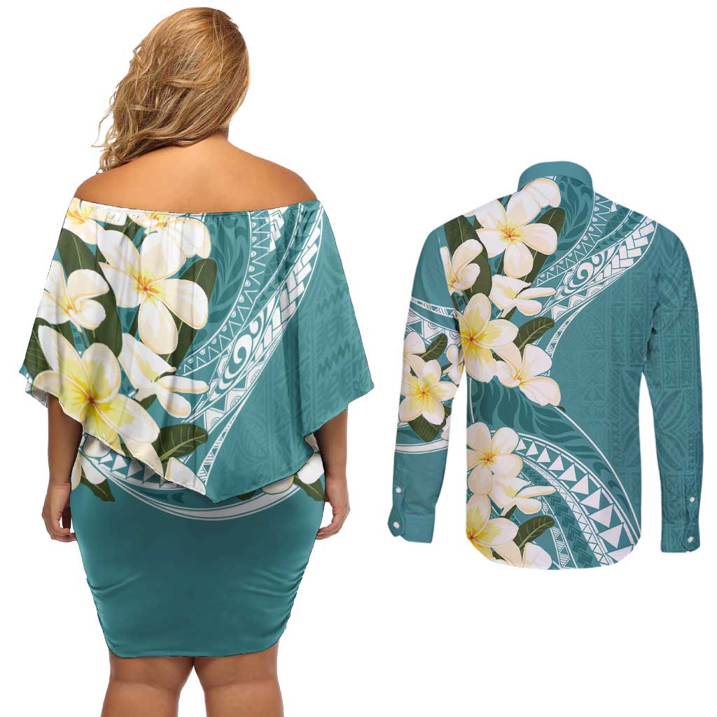 Aloha Hawaii Festive Couples Matching Off Shoulder Short Dress and Long Sleeve Button Shirt Frangipani Lace Classic - Teal LT7 - Polynesian Pride
