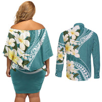 Aloha Hawaii Festive Couples Matching Off Shoulder Short Dress and Long Sleeve Button Shirt Frangipani Lace Classic - Teal LT7 - Polynesian Pride