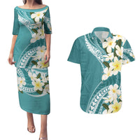 Aloha Hawaii Festive Couples Matching Puletasi and Hawaiian Shirt Frangipani Lace Classic - Teal LT7 Teal - Polynesian Pride