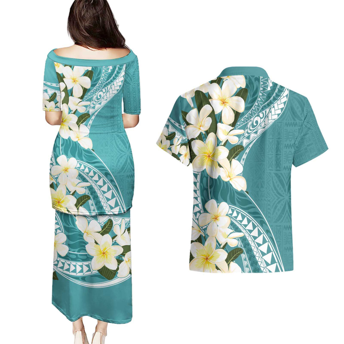 Aloha Hawaii Festive Couples Matching Puletasi and Hawaiian Shirt Frangipani Lace Classic - Teal LT7 - Polynesian Pride