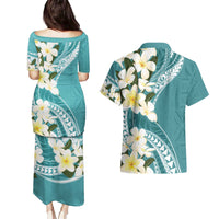 Aloha Hawaii Festive Couples Matching Puletasi and Hawaiian Shirt Frangipani Lace Classic - Teal LT7 - Polynesian Pride