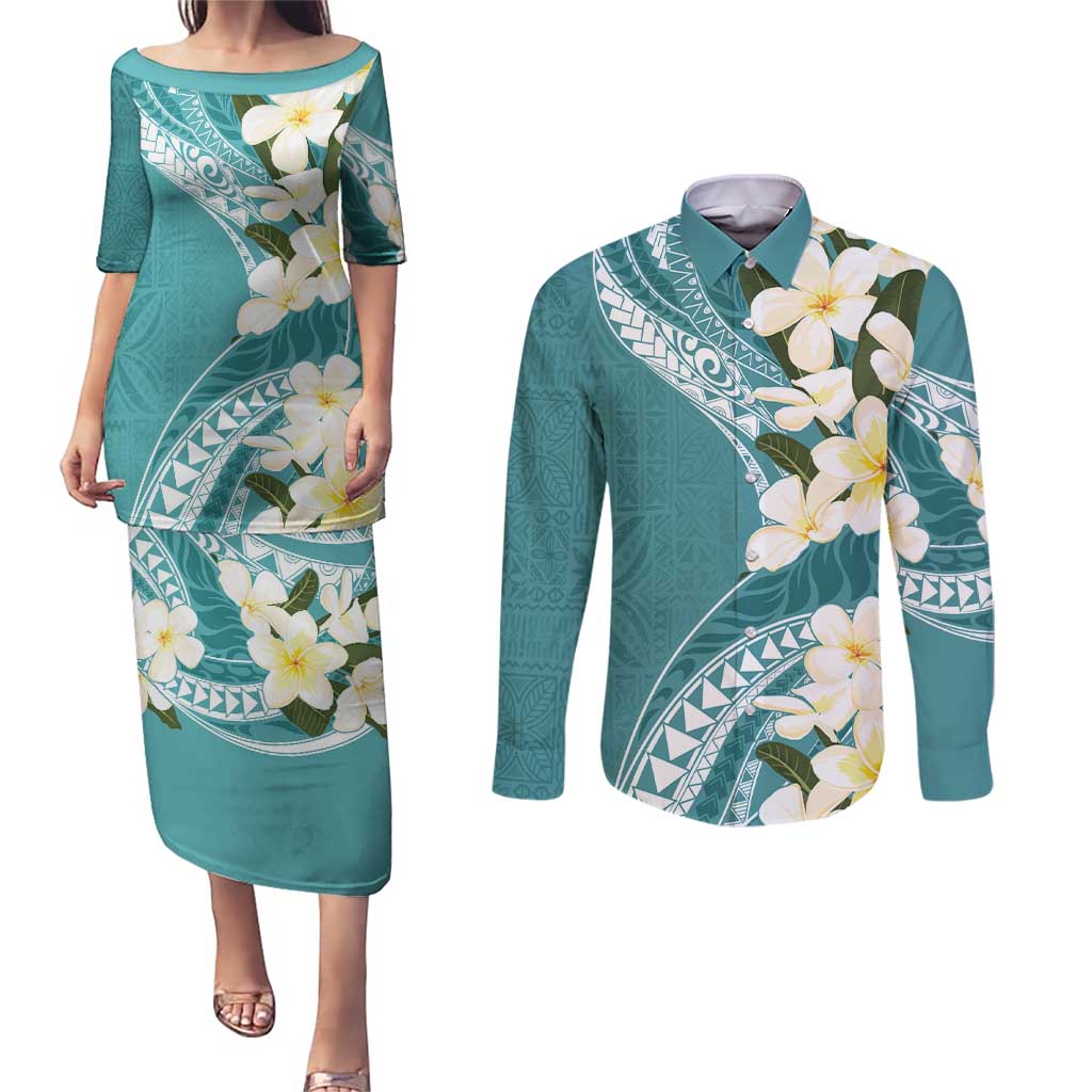 Aloha Hawaii Festive Couples Matching Puletasi and Long Sleeve Button Shirt Frangipani Lace Classic - Teal LT7 Teal - Polynesian Pride