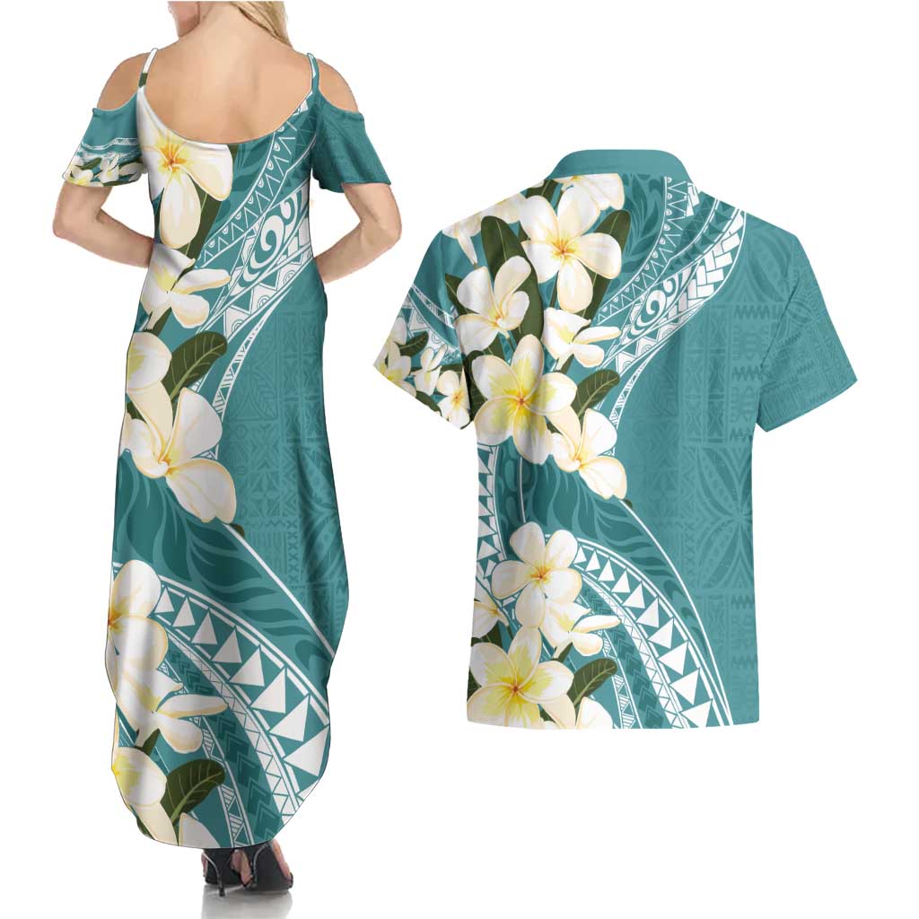 Aloha Hawaii Festive Couples Matching Summer Maxi Dress and Hawaiian Shirt Frangipani Lace Classic - Teal LT7 - Polynesian Pride