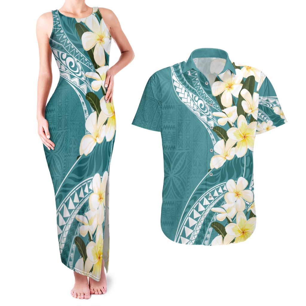 Aloha Hawaii Festive Couples Matching Tank Maxi Dress and Hawaiian Shirt Frangipani Lace Classic - Teal LT7 Teal - Polynesian Pride