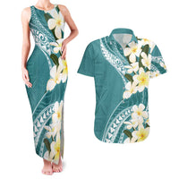 Aloha Hawaii Festive Couples Matching Tank Maxi Dress and Hawaiian Shirt Frangipani Lace Classic - Teal LT7 Teal - Polynesian Pride