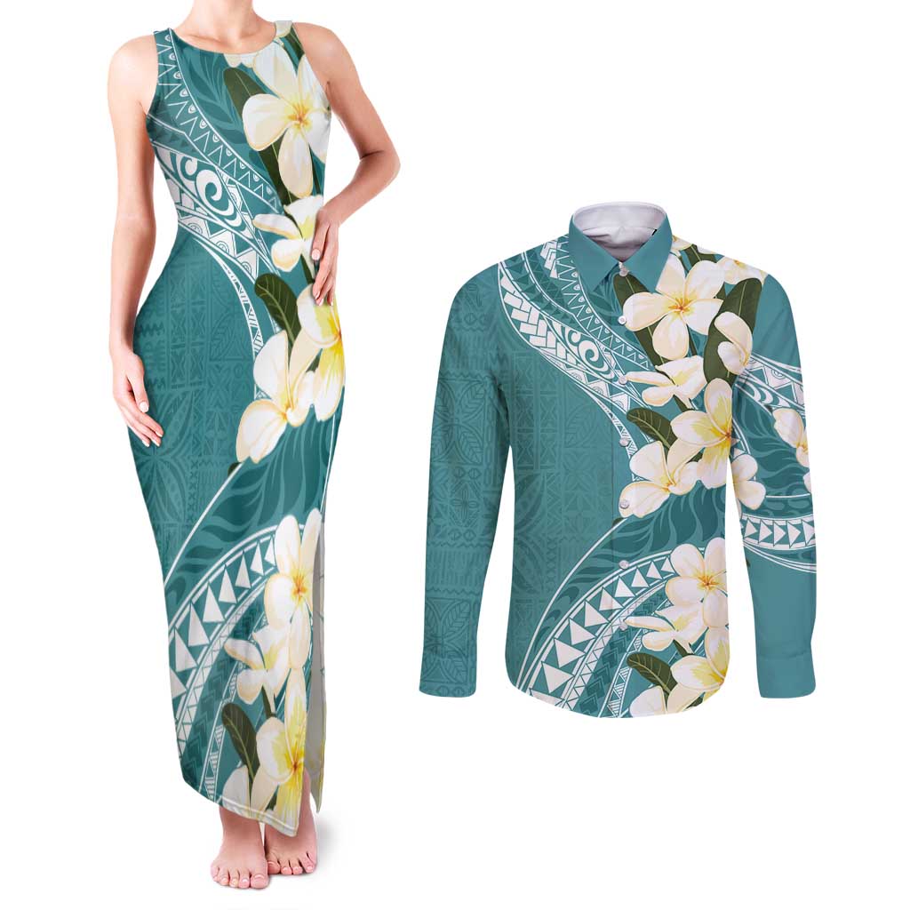 Aloha Hawaii Festive Couples Matching Tank Maxi Dress and Long Sleeve Button Shirt Frangipani Lace Classic - Teal LT7 Teal - Polynesian Pride