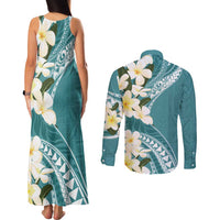 Aloha Hawaii Festive Couples Matching Tank Maxi Dress and Long Sleeve Button Shirt Frangipani Lace Classic - Teal LT7 - Polynesian Pride
