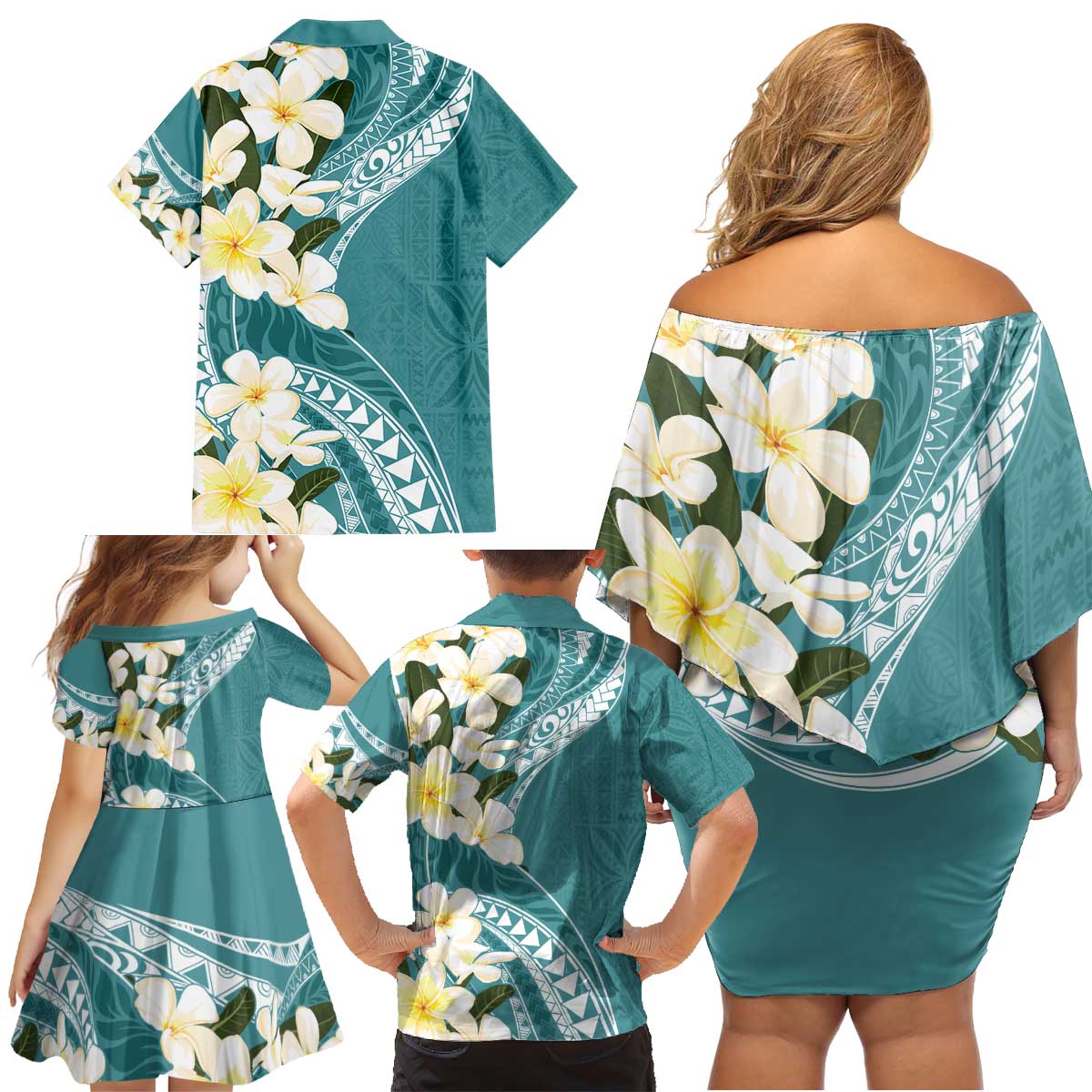 Aloha Hawaii Festive Family Matching Off Shoulder Short Dress and Hawaiian Shirt Frangipani Lace Classic - Teal