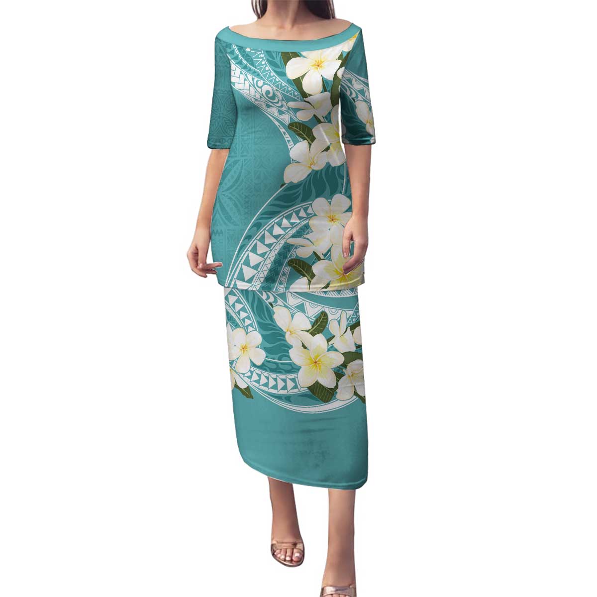 Aloha Hawaii Festive Family Matching Puletasi and Hawaiian Shirt Frangipani Lace Classic - Teal
