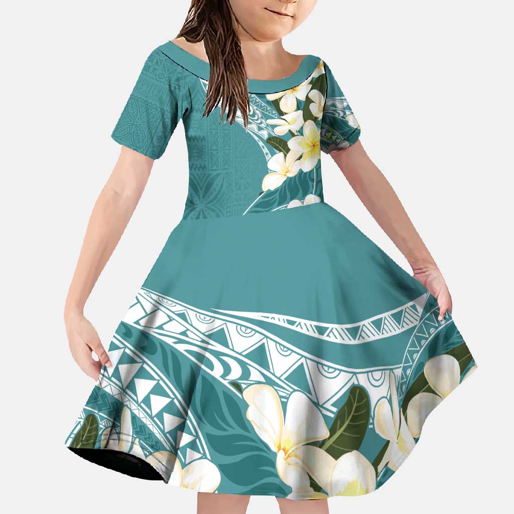 Aloha Hawaii Festive Family Matching Short Sleeve Bodycon Dress and Hawaiian Shirt Frangipani Lace Classic - Teal LT7 Daughter's Dress Teal - Polynesian Pride