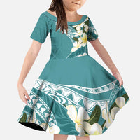 Aloha Hawaii Festive Family Matching Short Sleeve Bodycon Dress and Hawaiian Shirt Frangipani Lace Classic - Teal LT7 Daughter's Dress Teal - Polynesian Pride