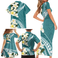 Aloha Hawaii Festive Family Matching Short Sleeve Bodycon Dress and Hawaiian Shirt Frangipani Lace Classic - Teal LT7 - Polynesian Pride