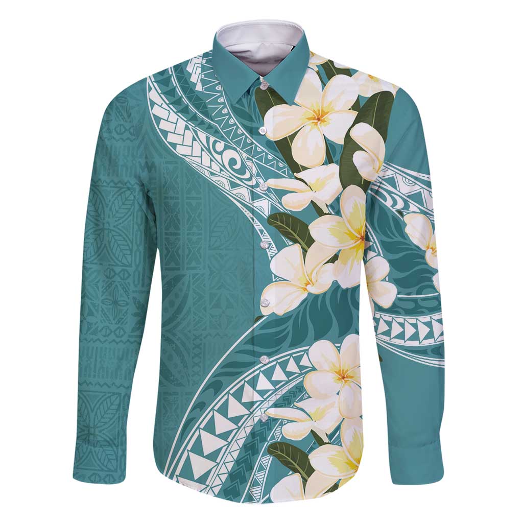 Aloha Hawaii Festive Family Matching Tank Maxi Dress and Hawaiian Shirt Frangipani Lace Classic - Teal LT7 Dad's Shirt - Long Sleeve Teal - Polynesian Pride