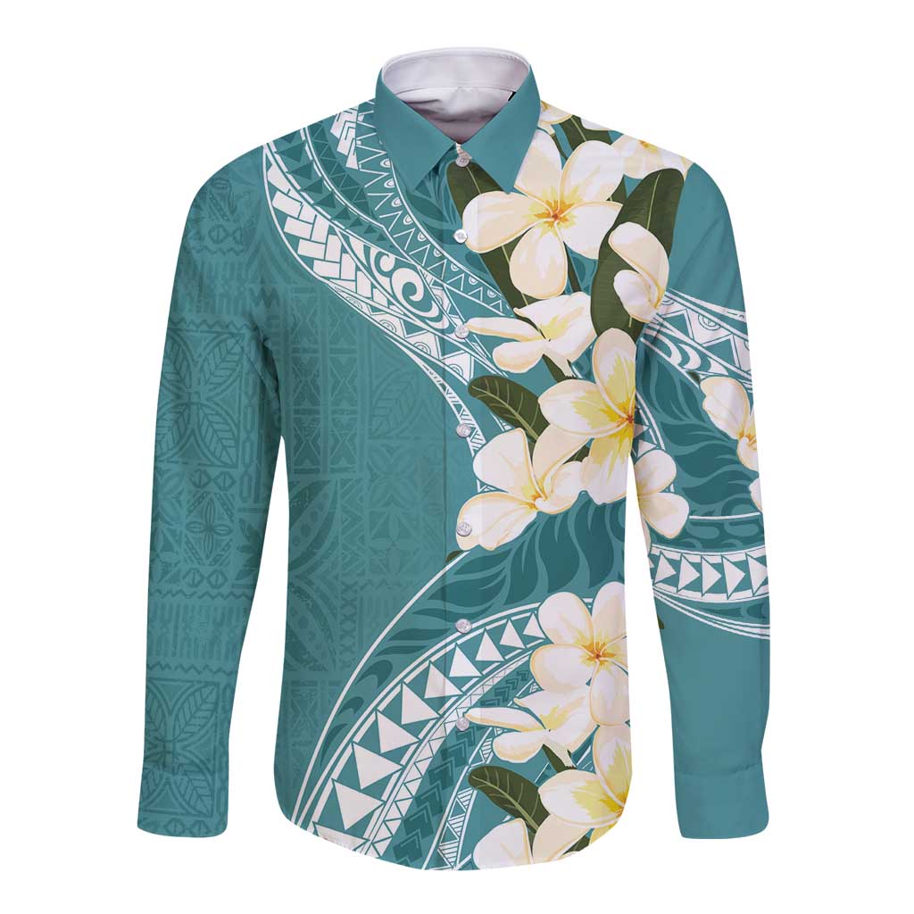 Aloha Hawaii Festive Long Sleeve Button Shirt Frangipani Lace Classic - Teal LT7 Unisex Teal - Polynesian Pride