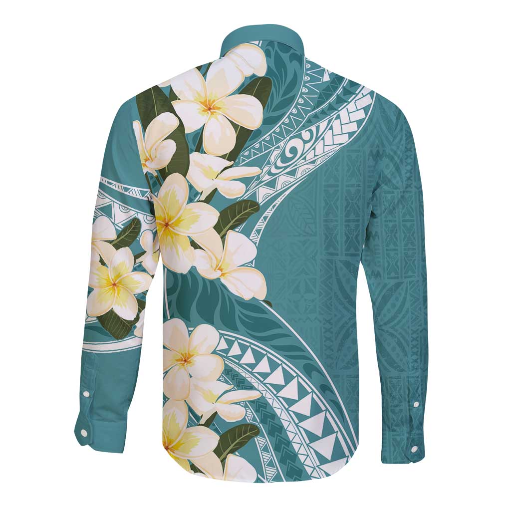 Aloha Hawaii Festive Long Sleeve Button Shirt Frangipani Lace Classic - Teal LT7 - Polynesian Pride