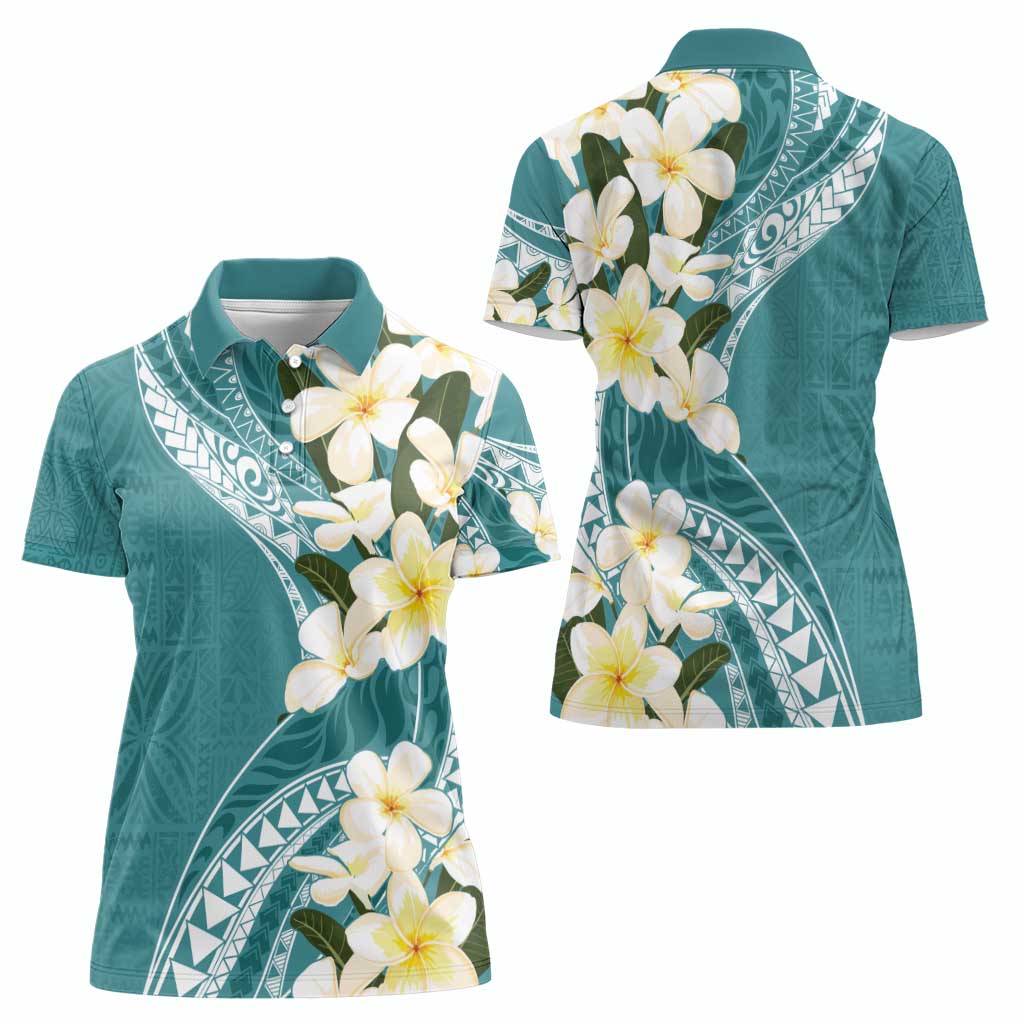 Aloha Hawaii Festive Women Polo Shirt Frangipani Lace Classic - Teal
