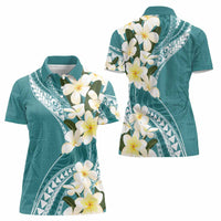 Aloha Hawaii Festive Women Polo Shirt Frangipani Lace Classic - Teal