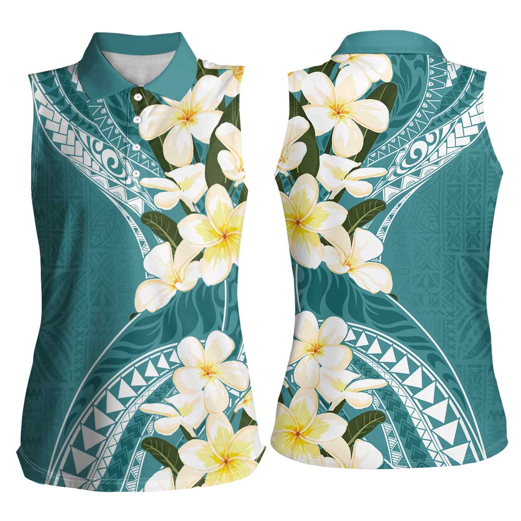 Aloha Hawaii Festive Women Sleeveless Polo Shirt Frangipani Lace Classic - Teal LT7 - Polynesian Pride