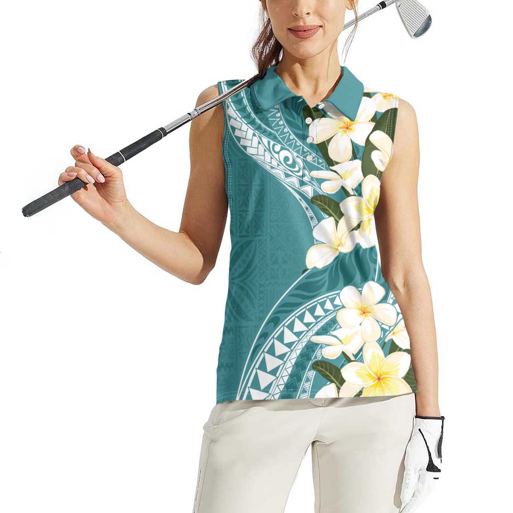 Aloha Hawaii Festive Women Sleeveless Polo Shirt Frangipani Lace Classic - Teal LT7 - Polynesian Pride