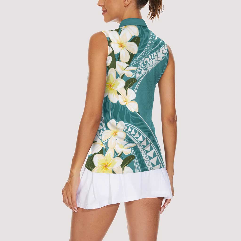 Aloha Hawaii Festive Women Sleeveless Polo Shirt Frangipani Lace Classic - Teal LT7 - Polynesian Pride