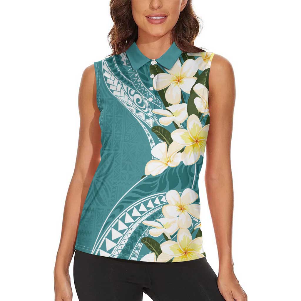 Aloha Hawaii Festive Women Sleeveless Polo Shirt Frangipani Lace Classic - Teal LT7 - Polynesian Pride