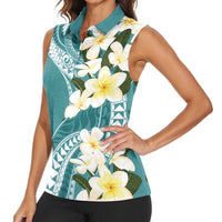 Aloha Hawaii Festive Women Sleeveless Polo Shirt Frangipani Lace Classic - Teal LT7 - Polynesian Pride