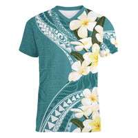 Aloha Hawaii Festive Women V-Neck T-Shirt Frangipani Lace Classic - Teal LT7 Female Teal - Polynesian Pride