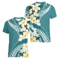 Aloha Hawaii Festive Women V-Neck T-Shirt Frangipani Lace Classic - Teal LT7 - Polynesian Pride