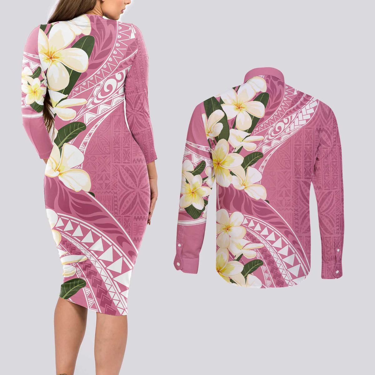 Aloha Hawaii Festive Couples Matching Long Sleeve Bodycon Dress and Long Sleeve Button Shirt Frangipani Lace Classic - Rosy LT7 - Polynesian Pride