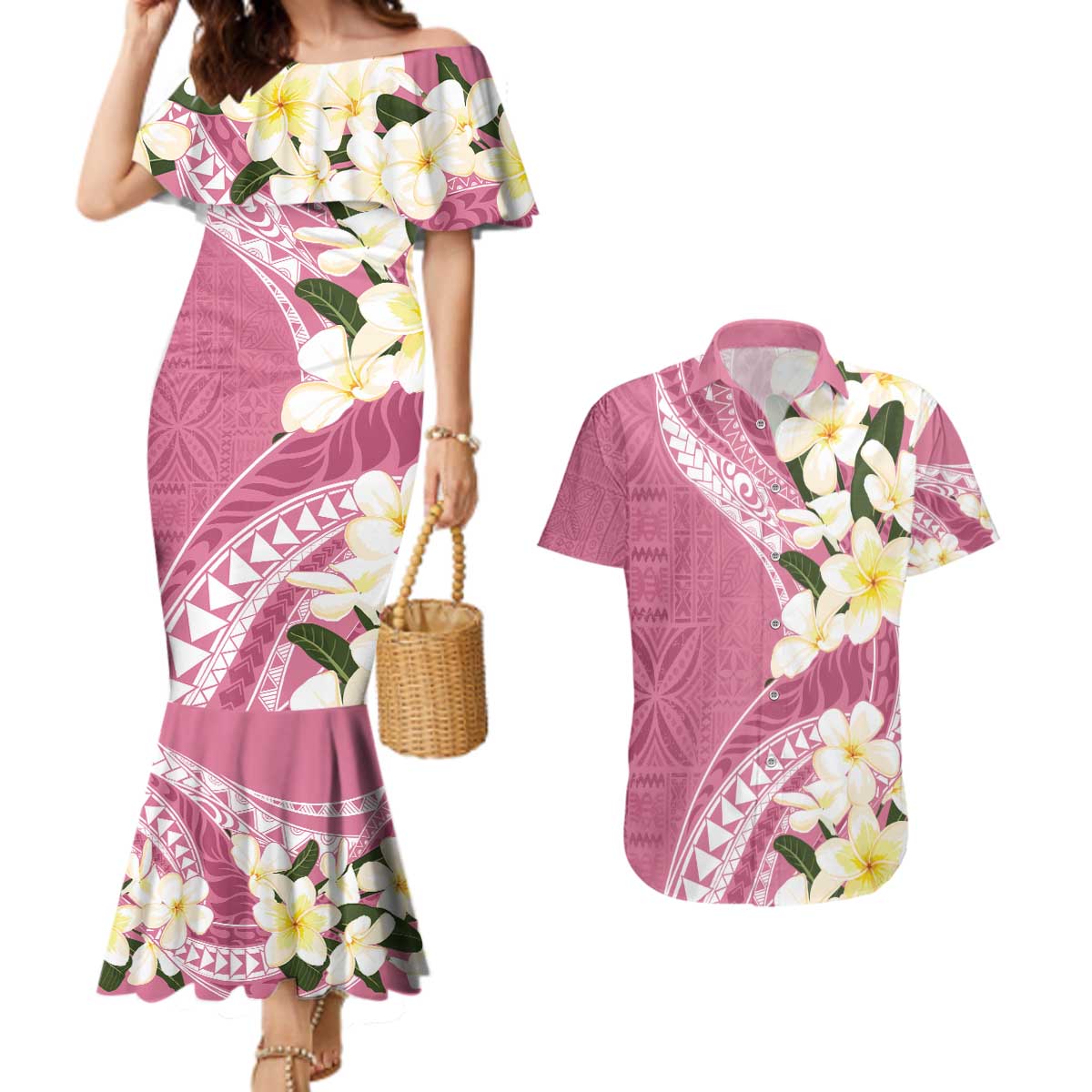 Aloha Hawaii Festive Couples Matching Mermaid Dress and Hawaiian Shirt Frangipani Lace Classic - Rosy