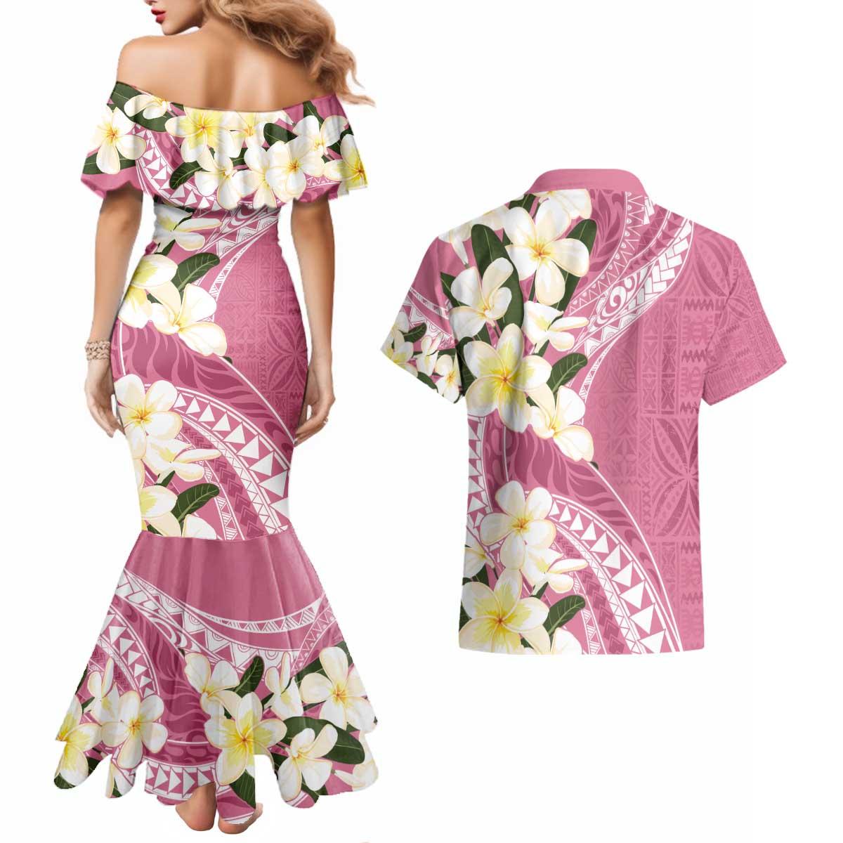 Aloha Hawaii Festive Couples Matching Mermaid Dress and Hawaiian Shirt Frangipani Lace Classic - Rosy