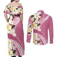 Aloha Hawaii Festive Couples Matching Off Shoulder Maxi Dress and Long Sleeve Button Shirt Frangipani Lace Classic - Rosy LT7 - Polynesian Pride