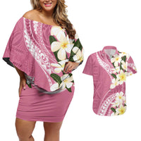 Aloha Hawaii Festive Couples Matching Off Shoulder Short Dress and Hawaiian Shirt Frangipani Lace Classic - Rosy LT7 Pink - Polynesian Pride