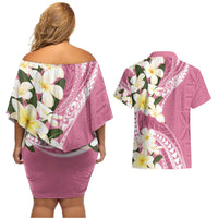 Aloha Hawaii Festive Couples Matching Off Shoulder Short Dress and Hawaiian Shirt Frangipani Lace Classic - Rosy LT7 - Polynesian Pride