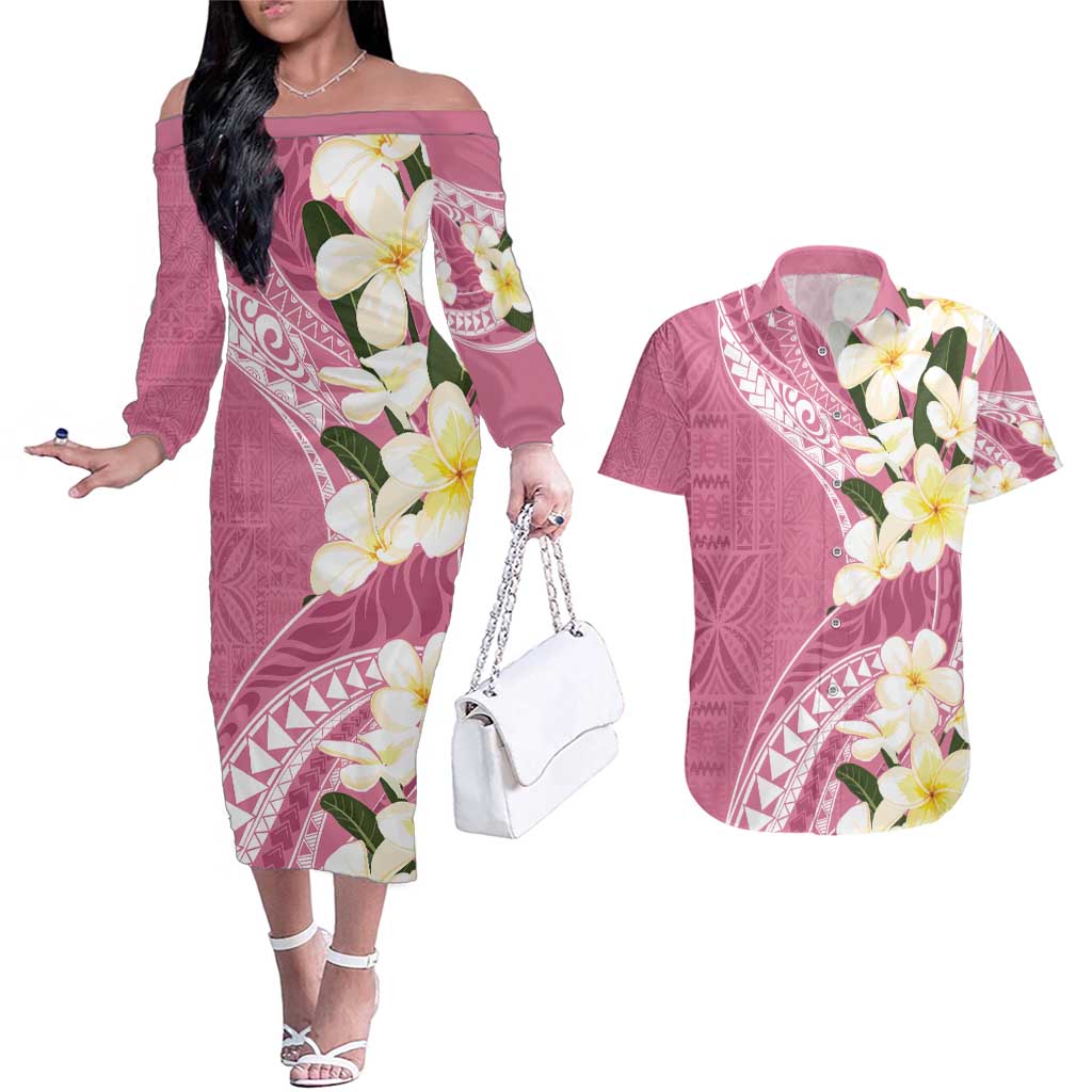 Aloha Hawaii Festive Couples Matching Off The Shoulder Long Sleeve Dress and Hawaiian Shirt Frangipani Lace Classic - Rosy