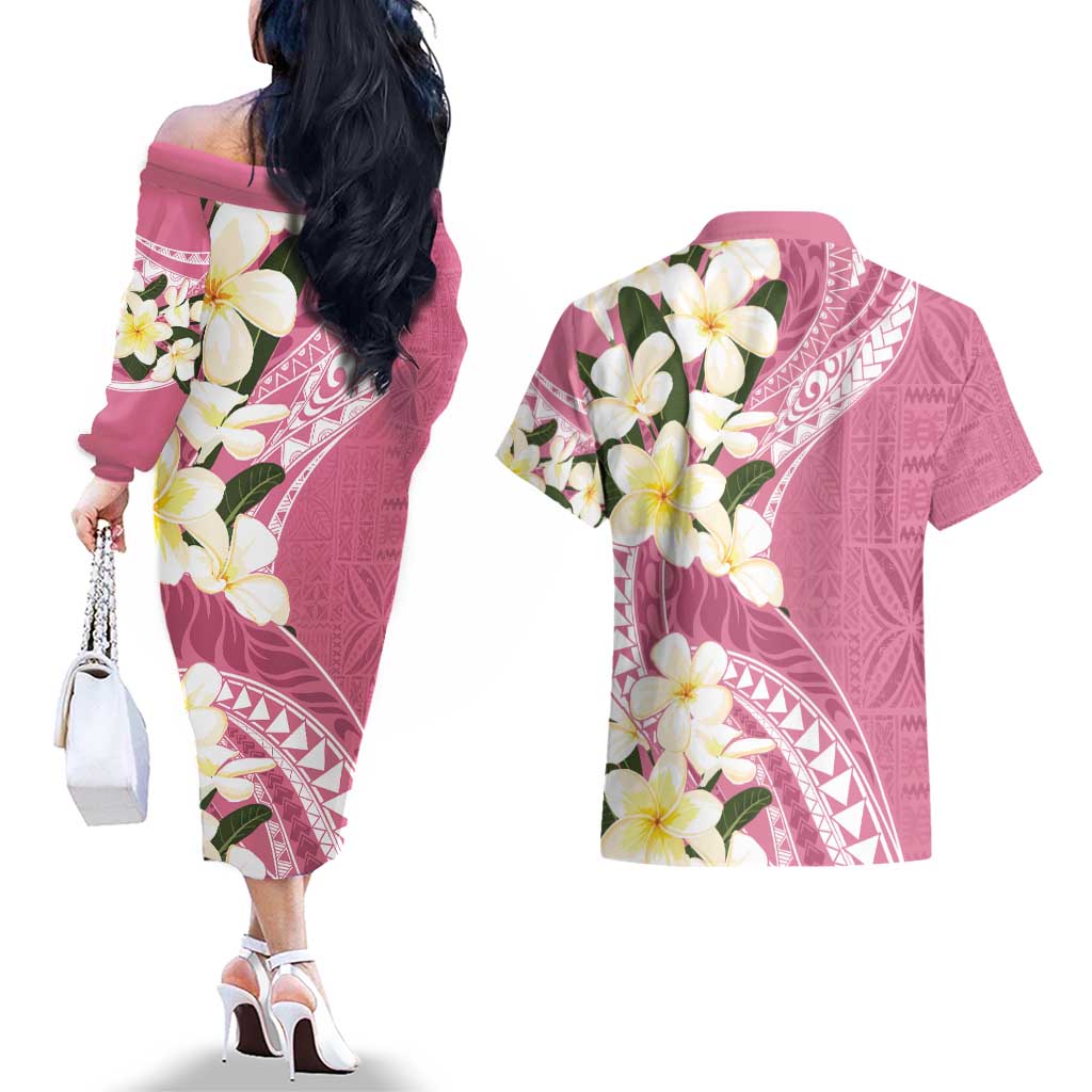 Aloha Hawaii Festive Couples Matching Off The Shoulder Long Sleeve Dress and Hawaiian Shirt Frangipani Lace Classic - Rosy