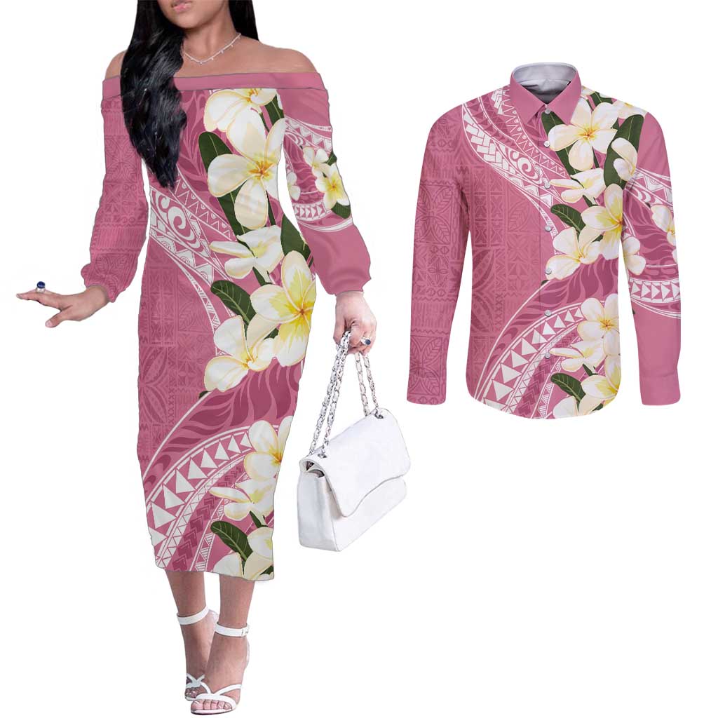 Aloha Hawaii Festive Couples Matching Off The Shoulder Long Sleeve Dress and Long Sleeve Button Shirt Frangipani Lace Classic - Rosy LT7 Pink - Polynesian Pride