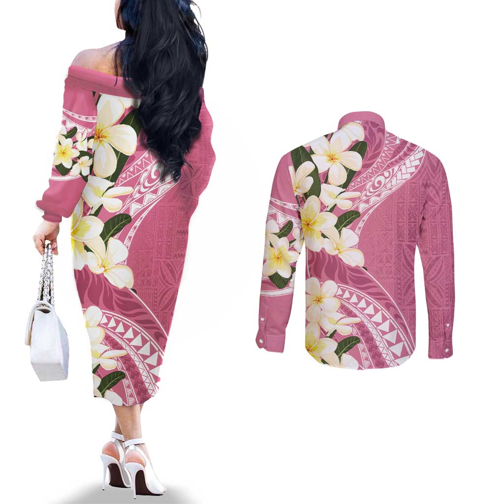 Aloha Hawaii Festive Couples Matching Off The Shoulder Long Sleeve Dress and Long Sleeve Button Shirt Frangipani Lace Classic - Rosy LT7 - Polynesian Pride