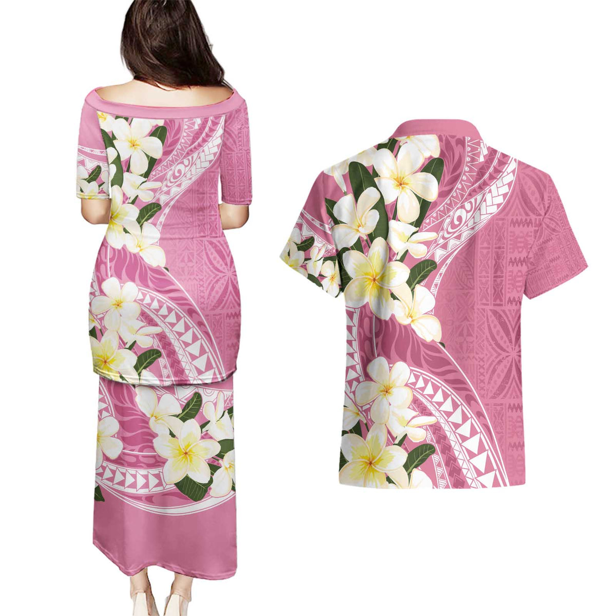 Aloha Hawaii Festive Couples Matching Puletasi and Hawaiian Shirt Frangipani Lace Classic - Rosy LT7 - Polynesian Pride