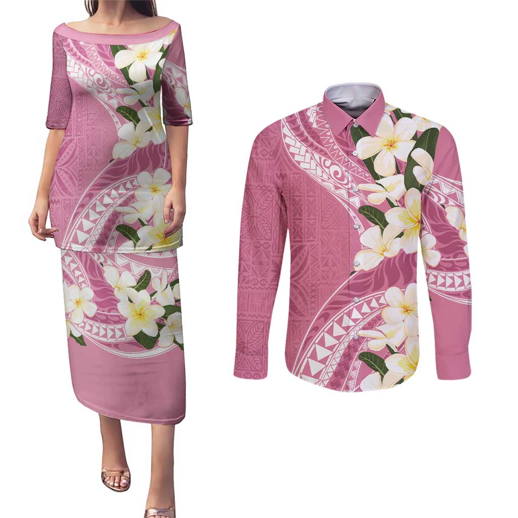 Aloha Hawaii Festive Couples Matching Puletasi and Long Sleeve Button Shirt Frangipani Lace Classic - Rosy LT7 Pink - Polynesian Pride