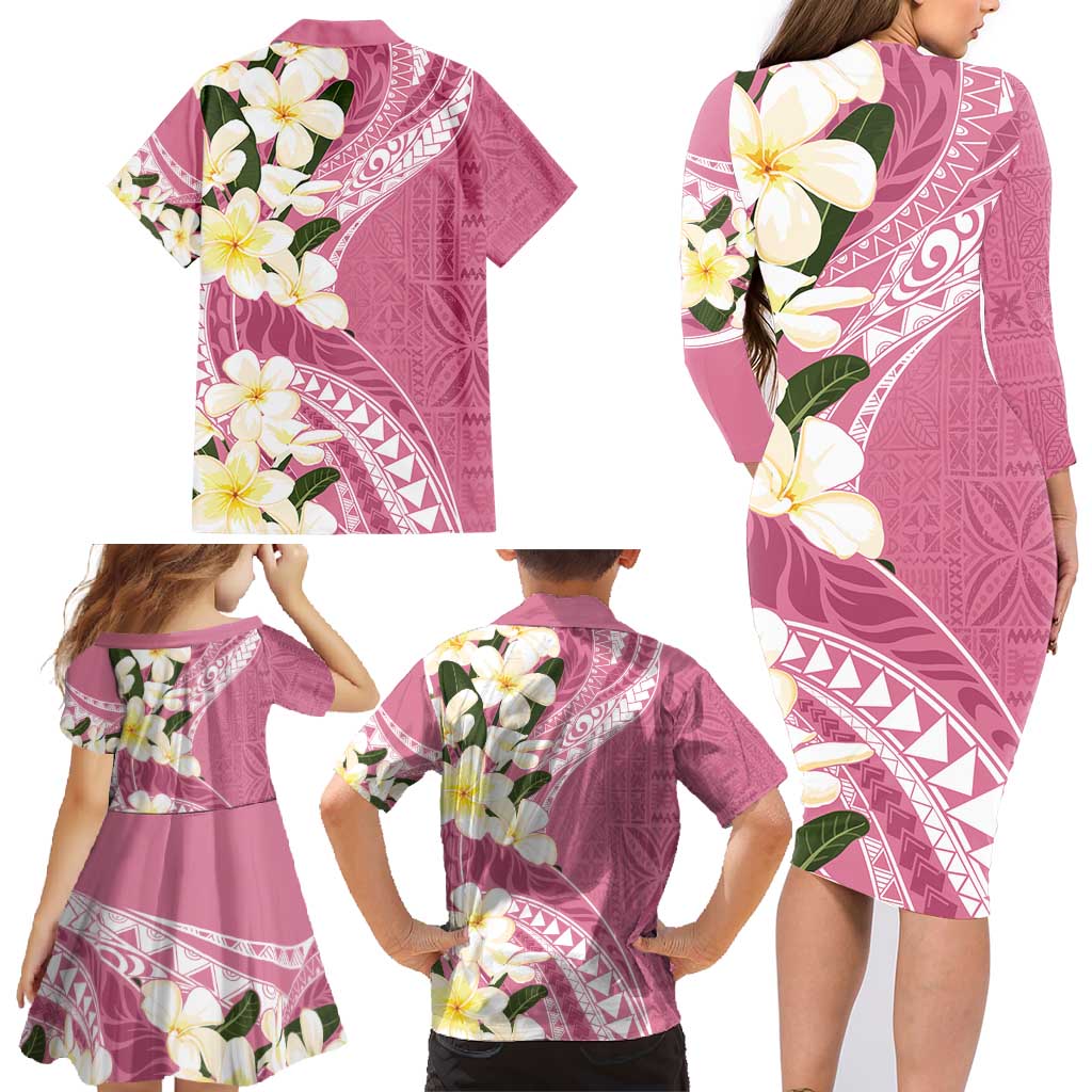 Aloha Hawaii Festive Family Matching Long Sleeve Bodycon Dress and Hawaiian Shirt Frangipani Lace Classic - Rosy