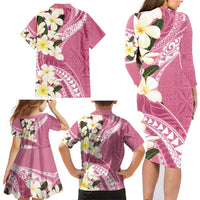 Aloha Hawaii Festive Family Matching Long Sleeve Bodycon Dress and Hawaiian Shirt Frangipani Lace Classic - Rosy