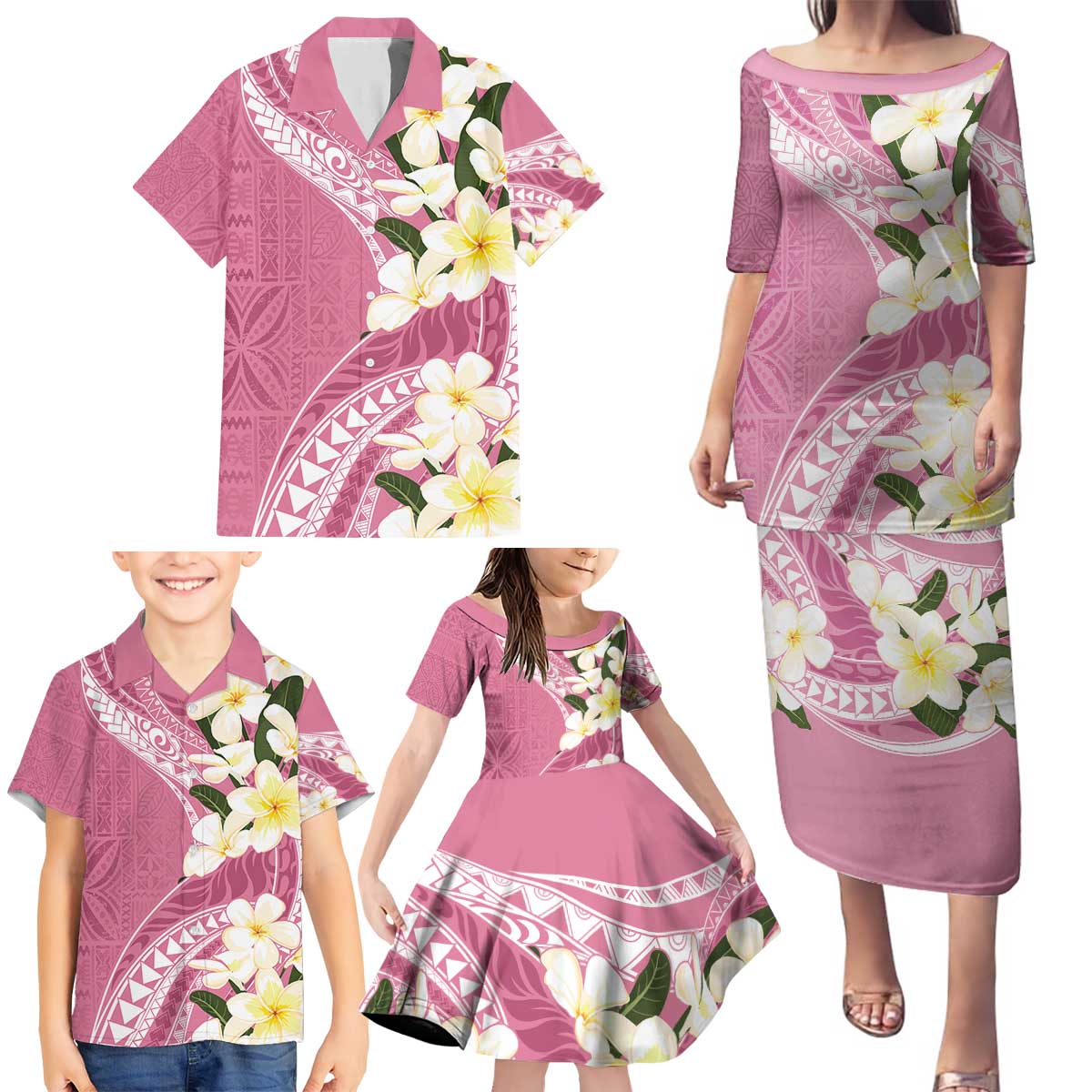 Aloha Hawaii Festive Family Matching Puletasi and Hawaiian Shirt Frangipani Lace Classic - Rosy LT7 - Polynesian Pride