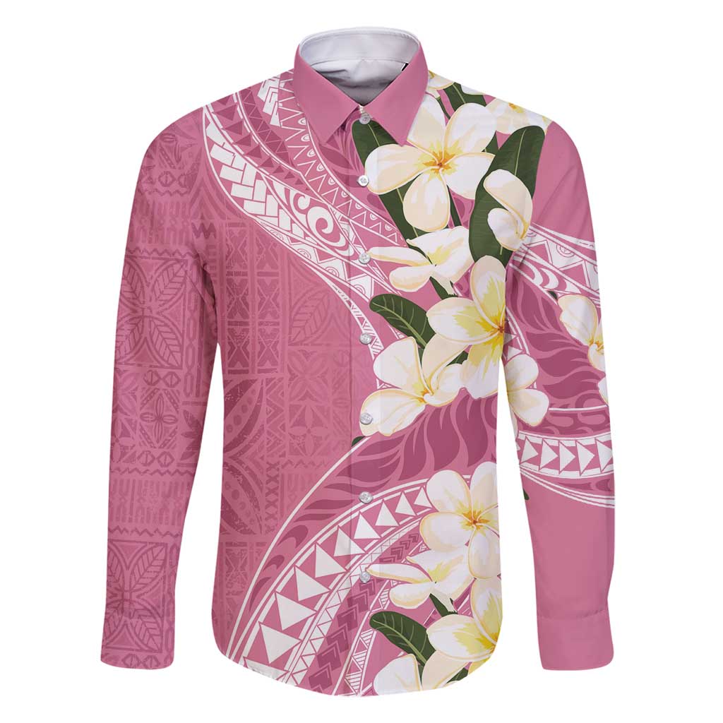 Aloha Hawaii Festive Family Matching Tank Maxi Dress and Hawaiian Shirt Frangipani Lace Classic - Rosy LT7 Dad's Shirt - Long Sleeve Pink - Polynesian Pride