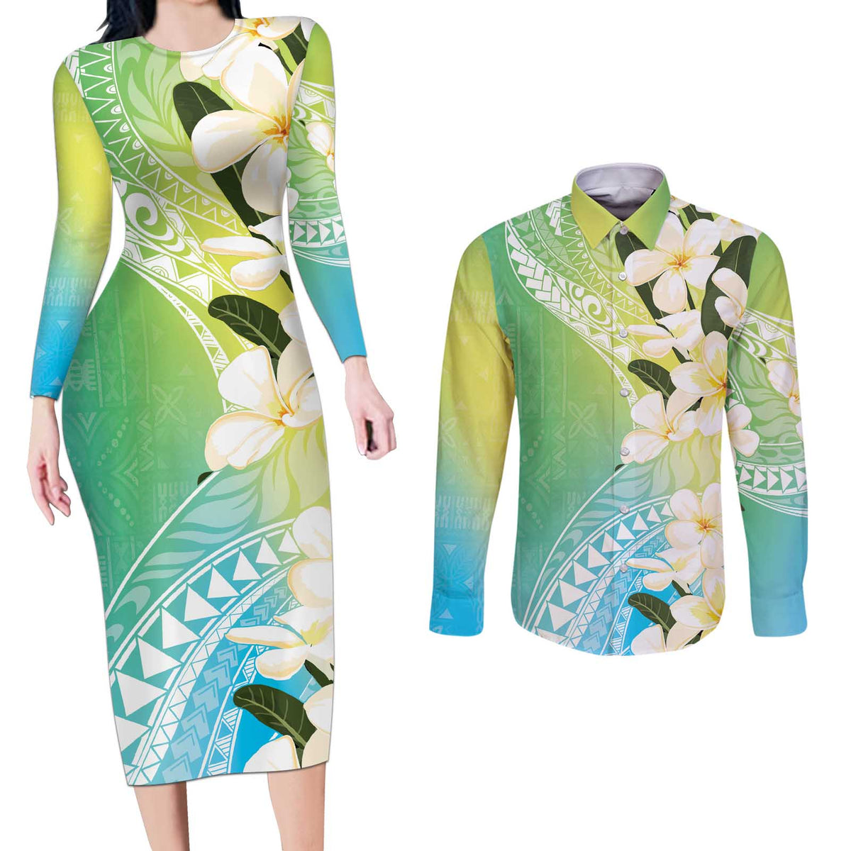 Aloha Hawaii Festive Couples Matching Long Sleeve Bodycon Dress and Long Sleeve Button Shirt Frangipani Lace Classic - Summer Vibes LT7 Blue Green - Polynesian Pride