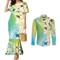 Aloha Hawaii Festive Couples Matching Mermaid Dress and Long Sleeve Button Shirt Frangipani Lace Classic - Summer Vibes LT7 Blue Green - Polynesian Pride
