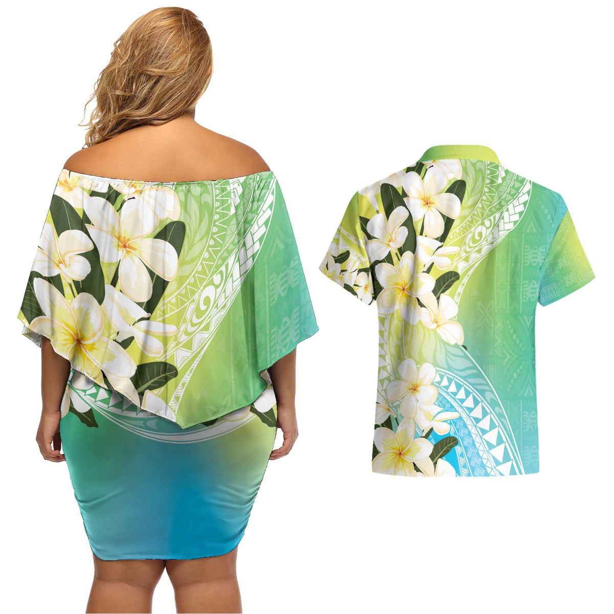 Aloha Hawaii Festive Couples Matching Off Shoulder Short Dress and Hawaiian Shirt Frangipani Lace Classic - Summer Vibes LT7 - Polynesian Pride