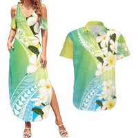 Aloha Hawaii Festive Couples Matching Summer Maxi Dress and Hawaiian Shirt Frangipani Lace Classic - Summer Vibes LT7 Blue Green - Polynesian Pride