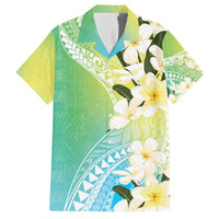 Aloha Hawaii Festive Family Matching Off Shoulder Short Dress and Hawaiian Shirt Frangipani Lace Classic - Summer Vibes LT7 Dad's Shirt - Short Sleeve Blue Green - Polynesian Pride