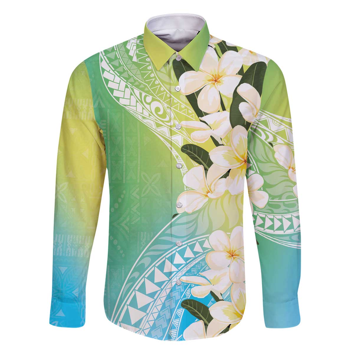 Aloha Hawaii Festive Family Matching Off Shoulder Short Dress and Hawaiian Shirt Frangipani Lace Classic - Summer Vibes LT7 Dad's Shirt - Long Sleeve Blue Green - Polynesian Pride